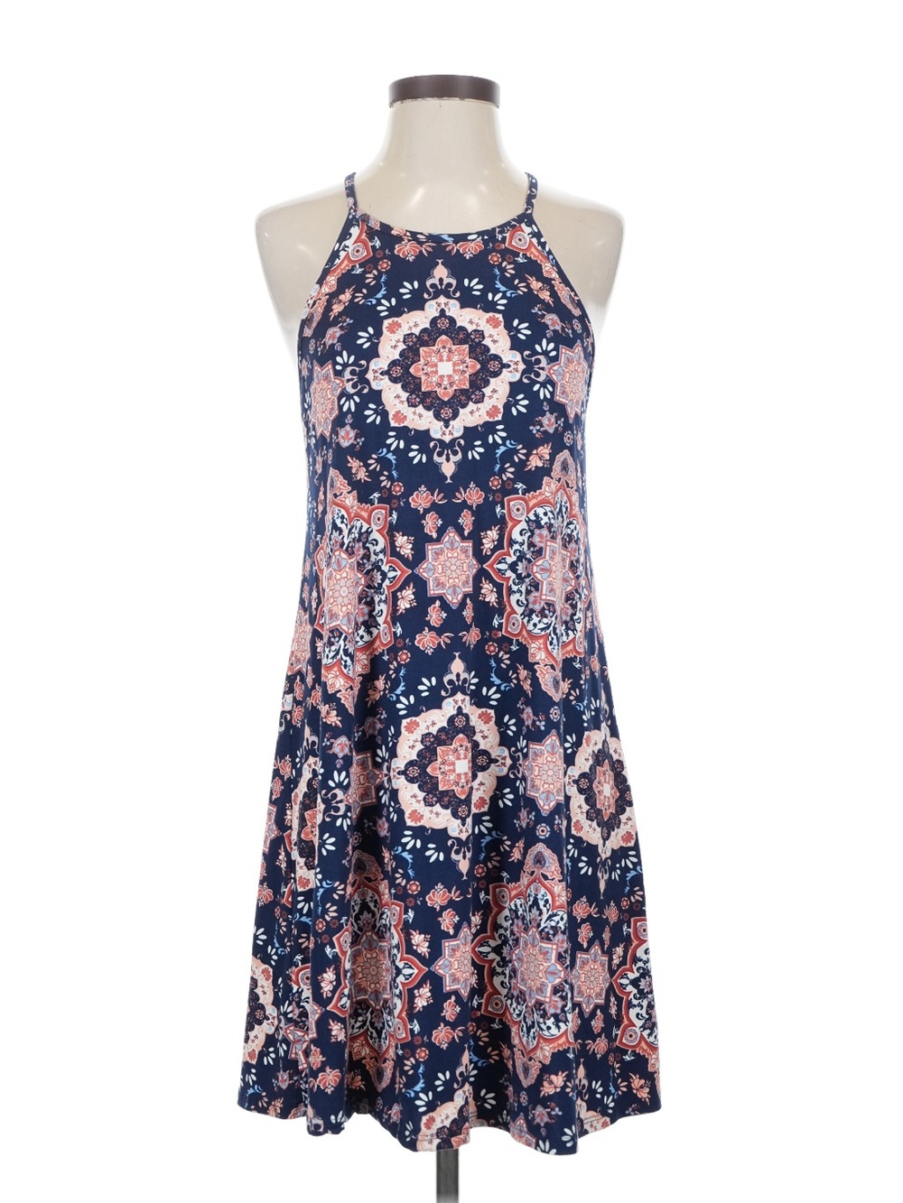 French Grey Navy Floral Halter Mini Dress